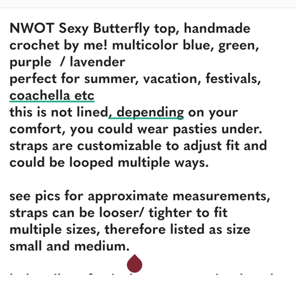 Butterfly top, hand crafted crochet, blue, green, purple NWOT - Picture 9 of 16